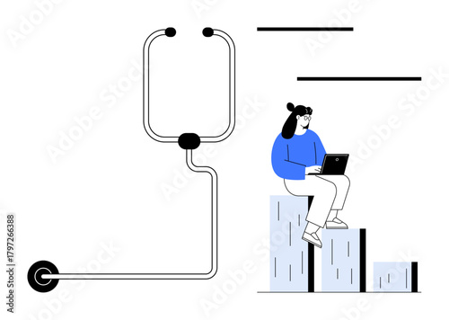 Person typing on laptop seated on data bar graph, stethoscope suggesting health insights. Ideal for healthcare, remote work, data analysis, medical technology, telemedicine, progress tracking