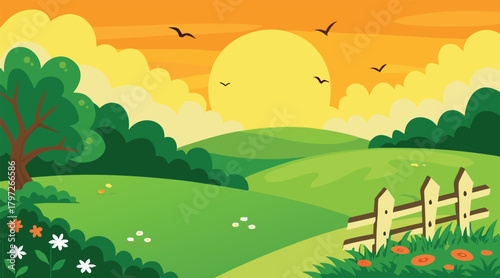 Scenic countryside landscape with sunset and birds
