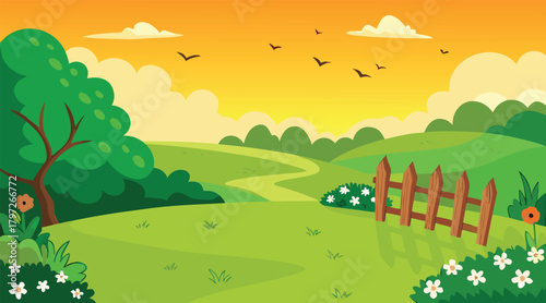 Pastoral landscape with meadow, fence, and birds