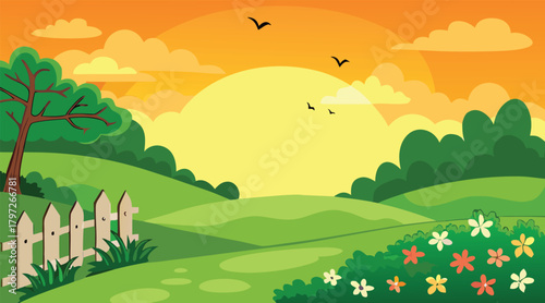 Sunset landscape with birds flying over green fields