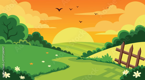 Countryside landscape with sunset and birds flying