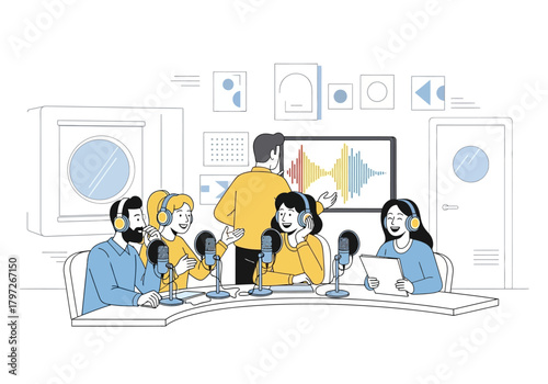 Podcast Recording Session with Team in Studio, Microphones and Headphones