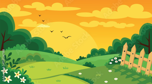 Sunset landscape with birds and a wooden fence