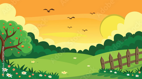 Sunset landscape with birds flying over green field