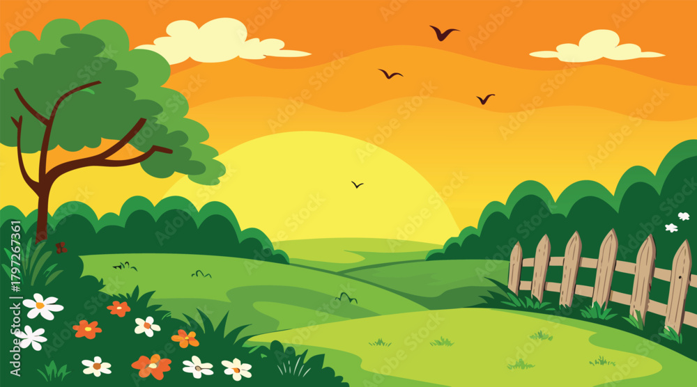 Fototapeta premium Sunset landscape with rolling hills and birds