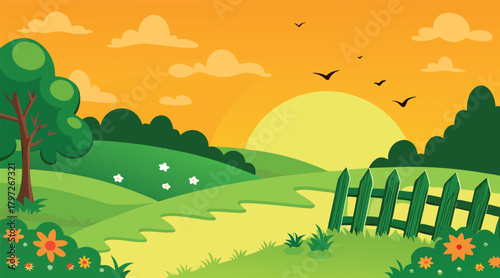 Sunset landscape with rolling hills and birds flying