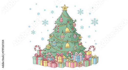 Christmas tree surrounded by colorful gifts on a snowy background