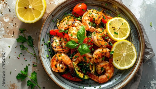 A close-up overhead shot of a plate filled with grilled shrimp, zucchini slices, and cherry tomatoes, garnished with fresh basil and parsley, and served with le