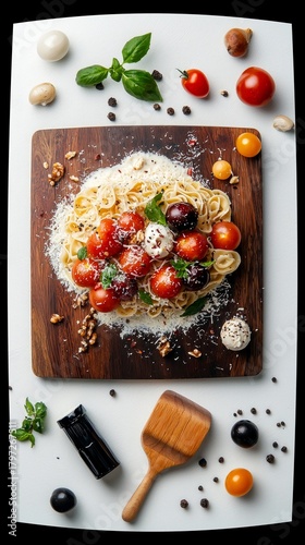 A close-up overhead shot of a pasta dish with cherry tomatoes, mozzarella, and cheese, artfully arranged with ingredients on a wooden board.