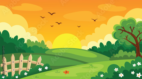 Sunset landscape with birds flying over green field