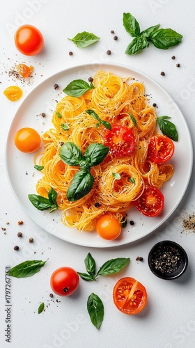 A close-up overhead view of a plate of spaghetti pasta with cherry tomatoes and basil leaves, garnished with black pepper.