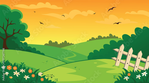 Green field landscape with birds and fence