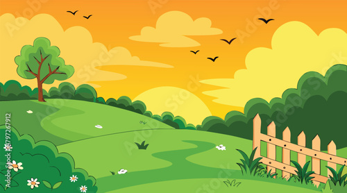 Sunny landscape with birds flying over green field