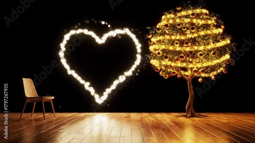 Illuminated heart shape formed by glowing lights and a festive tree.