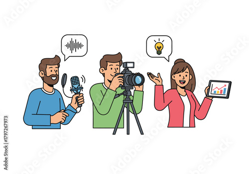 Three Professionals: Podcaster, Videographer, and Analyst with Tablet Illustration