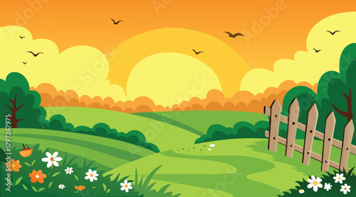 Sunny countryside landscape with birds and a wooden fence