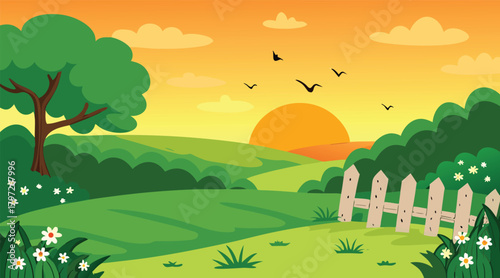 Sunset landscape with birds flying over green fields