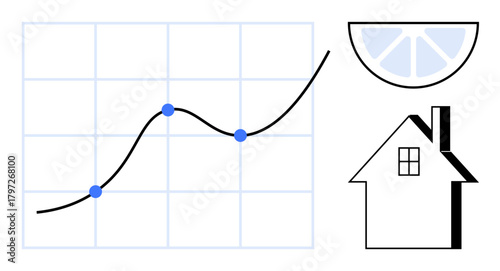 Line graph with four points over grid, half citrus slice, and house outline. Ideal for business, growth, real estate, sustainability, strategy, planning trends simple flat metaphor