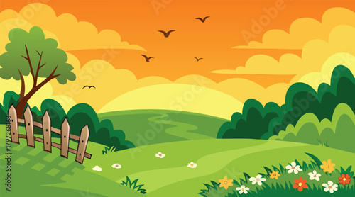 Pastoral landscape with birds and fence at sunset