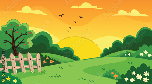 Sunset landscape with birds flying over green field