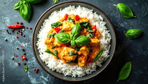 A close-up overhead view of a bowl of white rice topped with a flavorful Thai red curry, featuring chicken, red chili peppers, and fresh basil leaves.