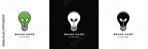 Three unique light bulb logos featuring geometric, pixelated designs in green, white, and black for branding purposes.