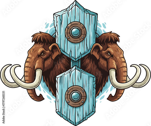 Majestic mammoth emblem with ice shields, perfect for fantasy logos or unique mascot designs, delivering a powerful and unforgettable visual impact