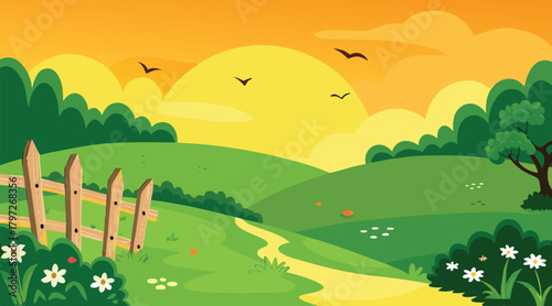 Sunset landscape with rolling hills and birds flying