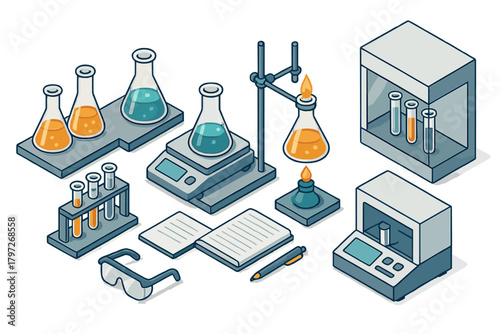 Isometric chemistry laboratory equipment including flasks, test tubes, scale, and scientific tools for experiments