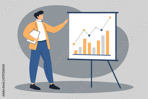 Professional male manager presenting financial growth chart, business meeting, data analysis, corporate strategy, success, investment, sales, performance, future.