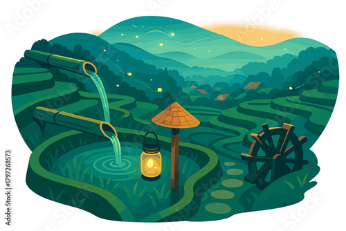 Asian rice paddies landscape at twilight with flowing bamboo water pipes and glowing fireflies