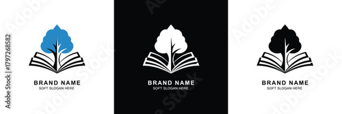 Three logo designs featuring a book and tree symbol in different color schemes, ideal for brand identity and corporate use.