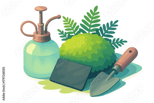 Essential gardening tools including vintage brass sprayer and small hand trowel