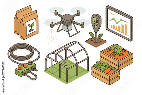 Isometric smart farming technology set including drone, soil meter, irrigation, and fresh harvest