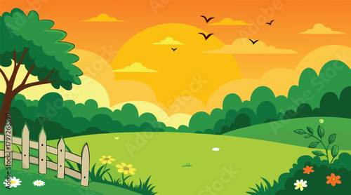 Sunset landscape with birds flying over green field