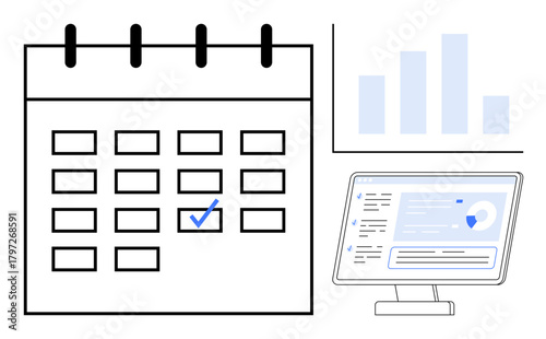 Calendar with marked date, monitor displaying analytics dashboard, and bar chart. Ideal for time management, planning, organization, productivity, teamwork goal tracking scheduling. Simple flat