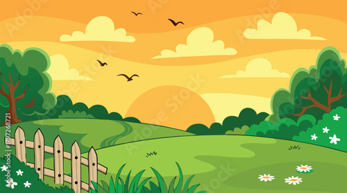 Sunset over grassy field with birds and fence
