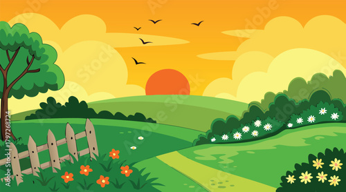 Countryside landscape with sunset and birds flying