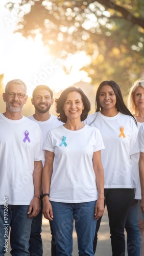Diverse group wearing ribbons showing cancer awareness support
