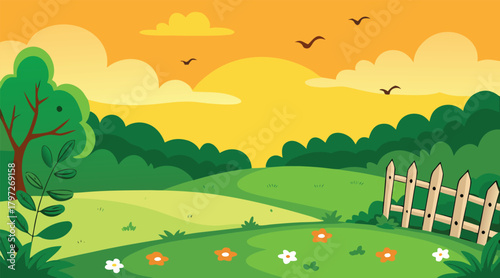 Tranquil countryside scene with birds and a wooden fence