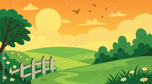 Rural landscape with sunset sky and birds flying