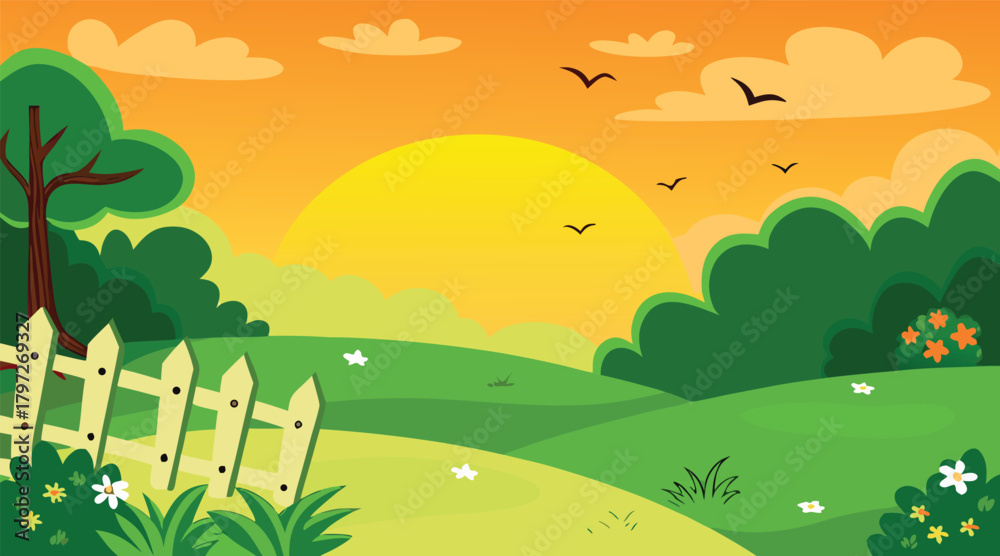 Fototapeta premium Sunset over green field with birds and fence