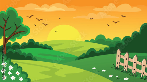Sunset over rolling hills with birds and a fence