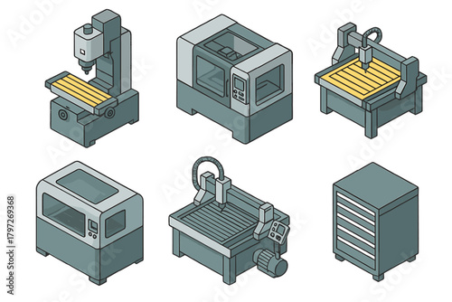 Isometric set of industrial manufacturing equipment CNC milling machines and 3D printers