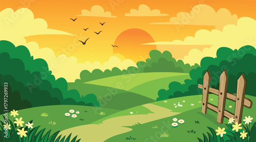 Countryside landscape with sunset and birds flying