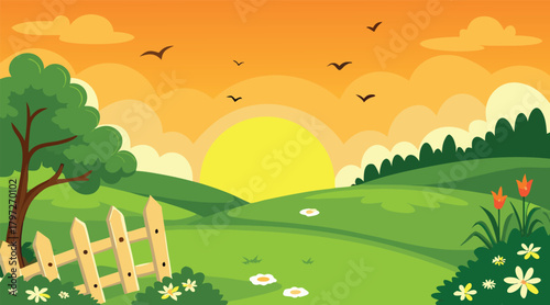 Sunset landscape with birds flying over green hills