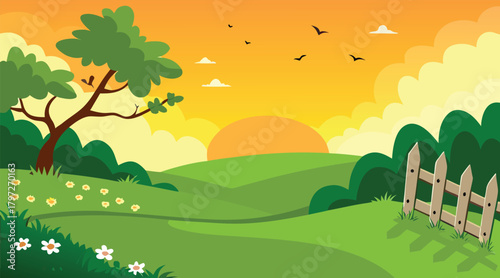 Sunset landscape with tree, field, and fence