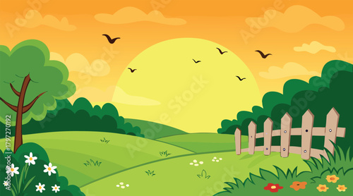 Sunny landscape with birds flying over green fields