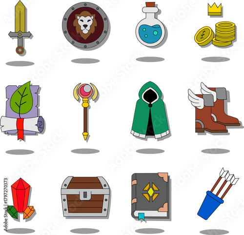 Set of colorful fantasy RPG Game Assets icons