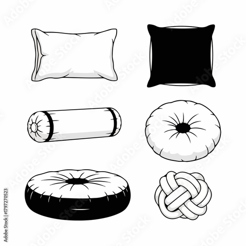 Black and White Illustration Set of Six Different Pillow and Cushion Shapes, Including Rectangular, Square, Bolster, Tufted, and Decorative Knot Pillows.